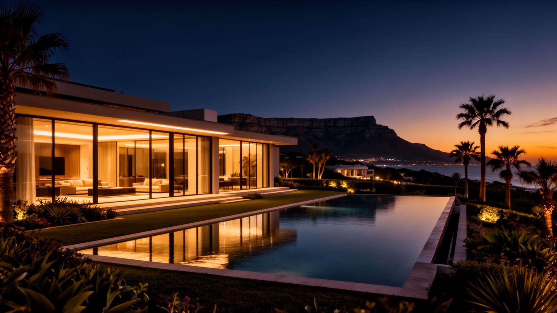 Cinematic luxury villa at twilight overlooking Table Mountain, Western Cape